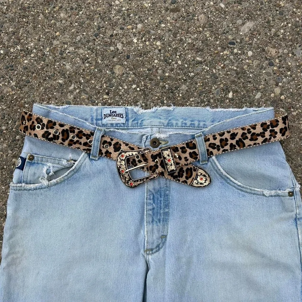 Vintage style cheetah leopard print fur belt american western tan and brown